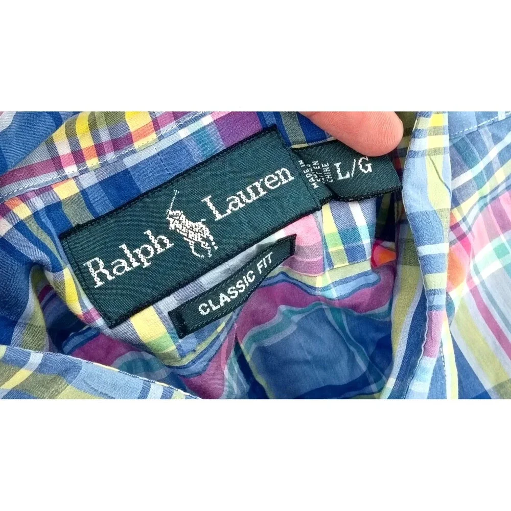 Polo Ralph Lauren Classic Fit Men's Large Blue Pink Plaid Short Sleeve Button Up